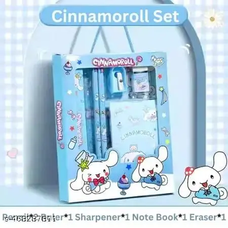 Cinnamoroll  StationarySet for kids - Pencil Pen Book Eraser Sharpener, Kawaii Stationery for Kids, Stationary Kit Set for Girls/Boys, Birthday Return Gift for Kids 